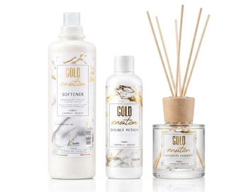 Kit exclusivo de perfume para ropa italiano – Sensación Dorada – Suavizante de telas + Aroma concentrado para la ropa + Fragancia para el hogar – Hecho en Italia
