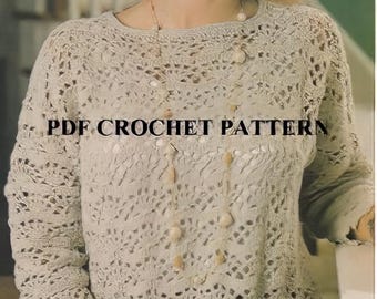 Crochet PDF Pattern: Ladies' Fan Lace Pullover Sweater