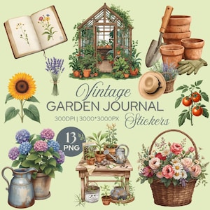 May include: A collection of vintage garden-themed stickers. The image features a greenhouse, gardening tools, potted plants, a sunflower, a journal, and a basket of flowers. The text "Vintage Garden Journal Stickers" is displayed.
