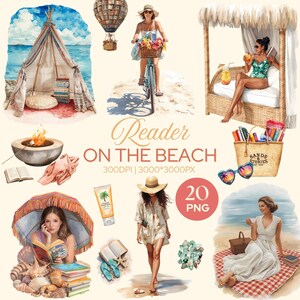 Op de afbeelding: Een digitale collectie aquarelillustraties met strandthema's, waaronder een tent, een heteluchtballon, lezende mensen, een strandtas met de tekst SANDS & STORIES, hartvormige zonnebrillen, zonnebrandcrème en schelpen.