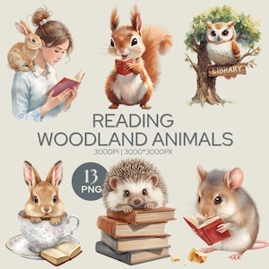 Woodland Animals Reading Clipart, Watercolor Forest Clipart Bundle, Cute Bunny Squirrel Owl Hedgehog Mouse Png, Book Lover Clipart