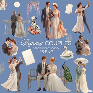 May include: Digital illustrations of Regency couples in various romantic poses. The image includes couples dancing, reading, and walking, with a Dalmatian dog, swan, and peacock. The text "Regency COUPLES" is displayed.