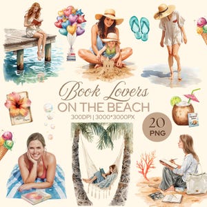 May include: A digital collection of watercolor illustrations titled Book Lovers ON THE BEACH, featuring people reading on a pier, playing in sand, walking on water, and relaxing in a hammock, alongside beach accessories like flip-flops and ice cream.