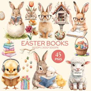 Watercolor Easter Book Clipart: Books and Bunnies Graphic Transparent PNGs for Commercial Use, Lamb and Chicken, Easter Eggs PNG