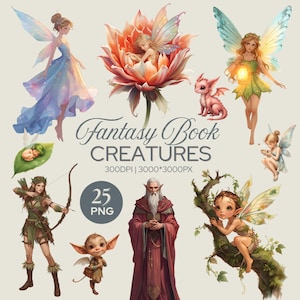May include: A digital illustration of fantasy creatures, including fairies, a dragon, and a wizard. The image features the text "Fantasy Book Creatures", along with "25 PNG" and resolution details.