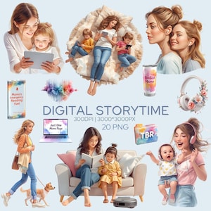 Digital Storytime Mom Clipart, Audiobook Girlie, E-reader Case, Headphone, Gadgets, Book Lover Family, 3D Render PNG, Mother's Day Card