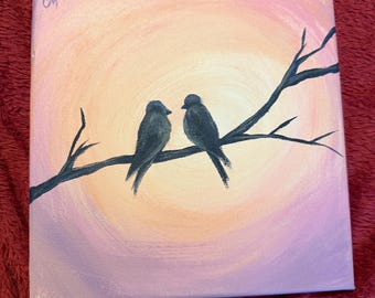 Acrylic Painting: Two Birds on Branch, Fleeting Sunset