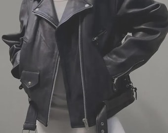 Giubbotto bomber oversize in pelle di pecora nera / Cappotto invernale fatto a mano