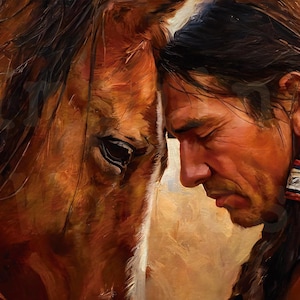 May include: An oil painting depicts a man with long dark hair and a horse, their heads touching. The man's face is in profile, with closed eyes, and he wears a decorative earring. The horse is brown with a white stripe on its face.