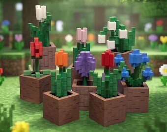 Pixelated Flower Desk Plant, 3D Printed Gamer Room Decor, Video Game Fake Plant Replica, Geeky Office Desk Accessory, Streamer Gift