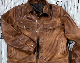 Handmade Men’s Brown Leather Jacket – Vintage style Western Cowboy Style Coat