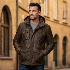 Chaqueta de campo de cuero marrón para hombre con capucha desmontable, hecha a mano.