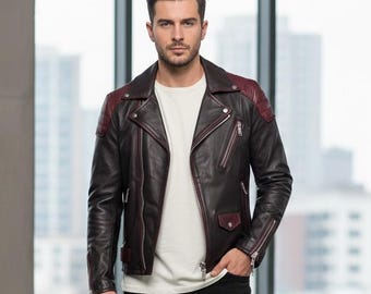 Chaqueta de cuero para hombre, estilo motero, en negro y burdeos.