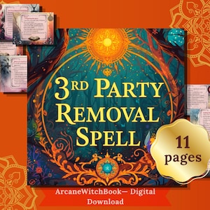 May include: Digital download of a spell book titled "3rd Party Removal Spell" with an illustration of a forest scene. The cover is teal and gold, with the text in gold. Includes 11 pages. Additional cards are visible.