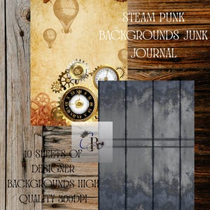 Può includere: Un collage digitale con sfondi steampunk per un diario spazzatura. Il design include orologi vintage, ingranaggi e mongolfiere su uno sfondo color seppia. Il testo recita "Steam Punk Backgrounds Junk Journal".