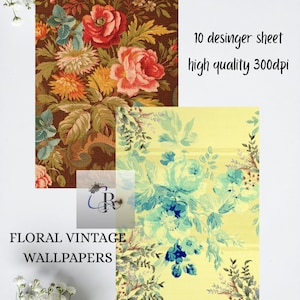 以下が含まれることがあります： 2つのフローラルヴィンテージ壁紙デザイン。1つは、赤、オレンジ、青の花が咲く茶色の背景が特徴です。もう1つは、青いフローラルパターンを持つ黄色の背景です。「10 desinger sheet high quality 300dpi」と「FLORAL VINTAGE WALLPAPERS」というテキストがあります。