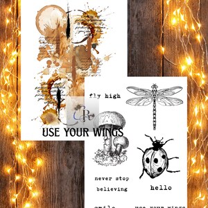 Può includere: Due stampe artistiche stampabili. Una presenta arte con macchie di caffè con testo. L'altra include illustrazioni di una libellula, una coccinella, funghi e testo che dice "fly high", "never stop believing", "smile" e "use your wings".