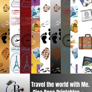 Può includere: Un collage di design a tema viaggio, tra cui timbri, impronte e bagagli. I design presentano la Torre Eiffel, mappe e illustrazioni di passaporti. È incluso anche il testo "Travel the world with Me. Cioa Rosa Printables".