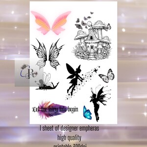 Può includere: Un foglio di empheras a tema fiabesco. Il foglio presenta illustrazioni di ali di fata, fate, farfalle e una casa a forma di fungo. Il testo include "Let the fairy tale begin" e "printable 300dpi".