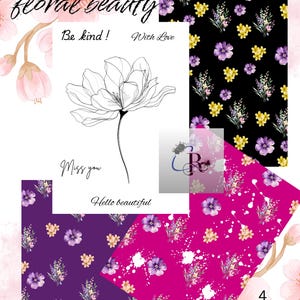 Può includere: Fogli di design digitale con motivi floreali e citazioni ispiratrici. L'immagine include un disegno a tratto floreale in bianco e nero e fogli con disegni floreali viola, gialli e bianchi. Il testo include "Be kind!", "With Love", "Miss you", e "Hello beautiful".
