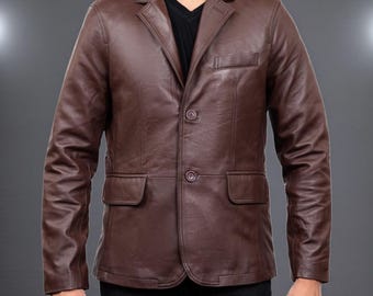 Handcrafted Dark Brown Genuine Leather Men’s Blazer – Classic Two-Button Tailored Jacket