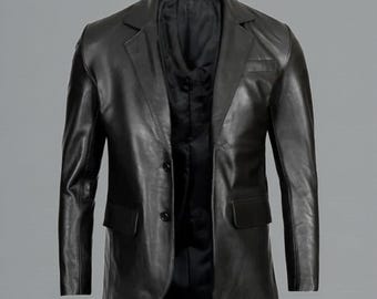 Handmade Lambskin Leather Blazer | Men's Slim Fit Black Coat