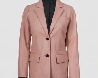 Women’s Blush Pink Genuine Leather Blazer – Handmade Soft Leather Jacket with Classic Two-Button Design