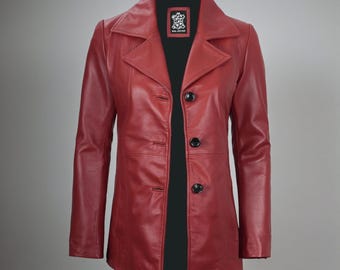 Handcrafted Red Genuine Leather Women’s Coat – Elegant Long-Fit Buttoned Jacket