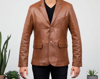 Handmade Men's Tan Brown Leather Blazer – Classic 2-Button Genuine Leather Jacket