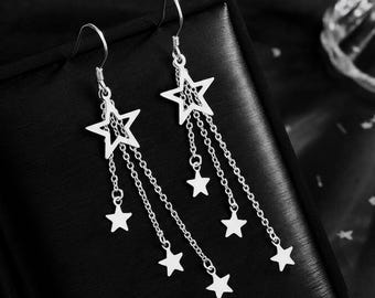 925 Star Dangle Earrings, Silver Celestial Earrings, Shooting Star Chain Earrings, Minimalist Star Jewelry, Gift for Her
