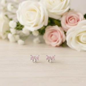 Sterling Silver 925 Pink Bow Stud Earrings Cubic zirconia: Dainty Silver Kawaii Jewelry image 1