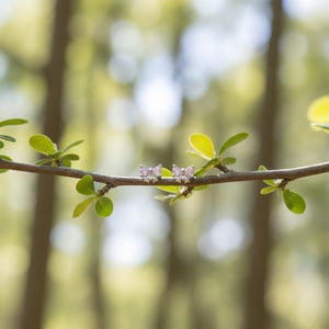 May include: A pair of silver butterfly earrings with pink gemstones, resting on a slender tree branch with green leaves. The background is blurred, suggesting an outdoor setting.