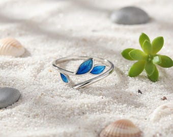 Sterling Silver Leaf Ring: Blue Enamel, Adjustable Band