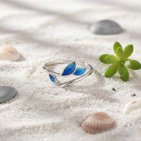 Sterling Silver Leaf Ring: Blue Enamel, Adjustable Band