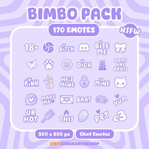 May include: A light purple graphic with the text "BIMBO PACK" and "170 EMOTES". The image contains various cartoon emotes, including a butterfly, paw prints, and the words "KINK" and "MINE". The image also includes the text "NSFW".