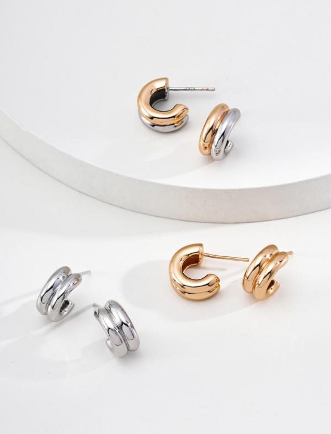 Double Hoop Stack Stud Earrings in S925 Silver With Retro Gold or White ...
