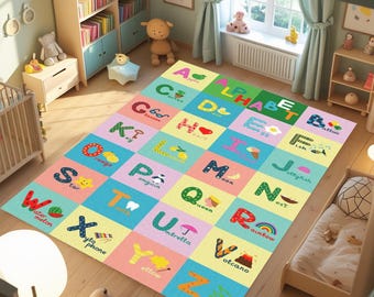 May include: A brightly coloured alphabet rug, featuring letters and associated images. The rug is divided into squares of pastel colours, each displaying a letter and a related word, like "Apple" for A. Designed for a child's room, it promotes early learning.