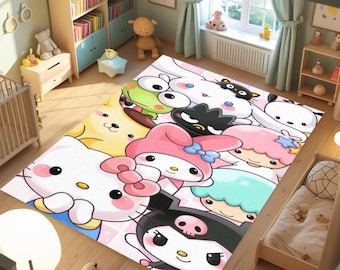 Puede incluir: Una alfombra rectangular con un diseño de personajes de dibujos animados coloridos. La alfombra presenta una variedad de personajes en una disposición lúdica, sobre un fondo rosa claro. Los personajes incluyen Hello Kitty, My Melody y otros.
