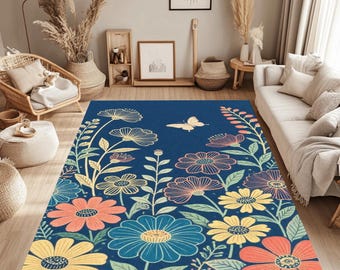 Navy Blue Floral Area Rug Botanical Flowers Butterfly Design for Bedroom Nursery Living Room Decor