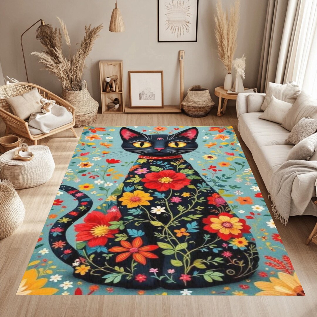 Cat Loop Rug Floral Black Cat Rug , Colorful Boho Cat Art Carpet , Washable Non-slip ...