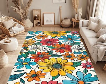 Floral Area Rug,Colorful Retro Flower Pattern, Washable Non-Slip