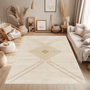 Può includere: Un tappeto rettangolare beige con un motivo geometrico. Il tappeto presenta una forma a diamante centrale con linee intersecanti di colore marrone chiaro. Il tappeto si trova in un soggiorno con un divano, una sedia e oggetti decorativi.