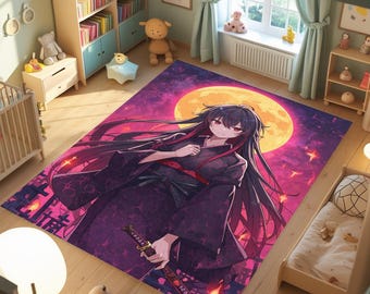 Anime Moonlight Samurai Girl Washable Non-Slip Rug , Soft Printed Area Rug , Japanese Kimono Warrior Art Carpet , Aesthetic Otaku Home Decor