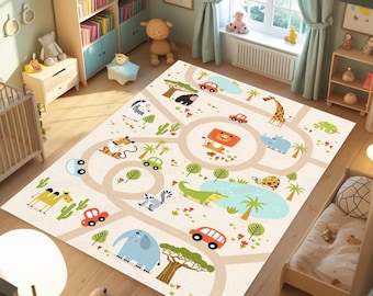 May include: A beige children's play mat with a road design and cartoon animals, including a giraffe, lion, and elephant. The mat features a road network with cars and trees, creating a playful and engaging environment for kids.