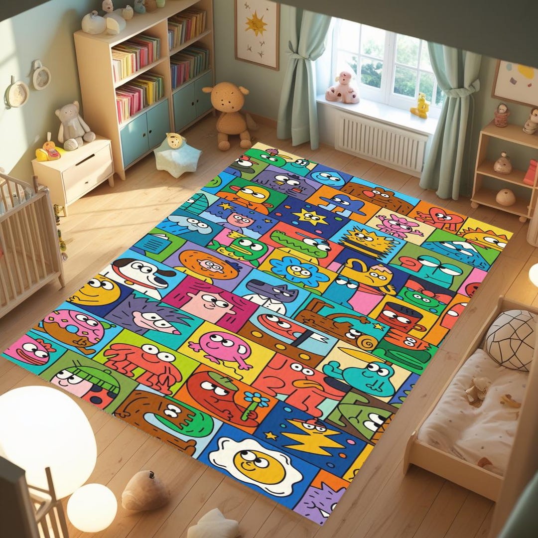 Colorful Cartoon Characters Area Rug , Playful Kids Illustration Rug ...