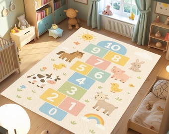 Activity Rug for Kids, Hopscotch Washable Playroom Carpet, Animal Farm Design, Non Slip Educational Play Mat