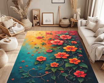 Boho Printed Rug, Vibrant Floral Botanical Area Rug, Washable Non Slip Carpet, Colorful Nature Inspired Home Decor