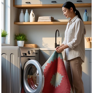 May include: A woman placing a colorful rug into a washing machine. The rug features a geometric pattern in red, teal, and beige. Text above reads "Easy to Clean Machine Washable Rug". The laundry room has light-colored cabinets and shelves.