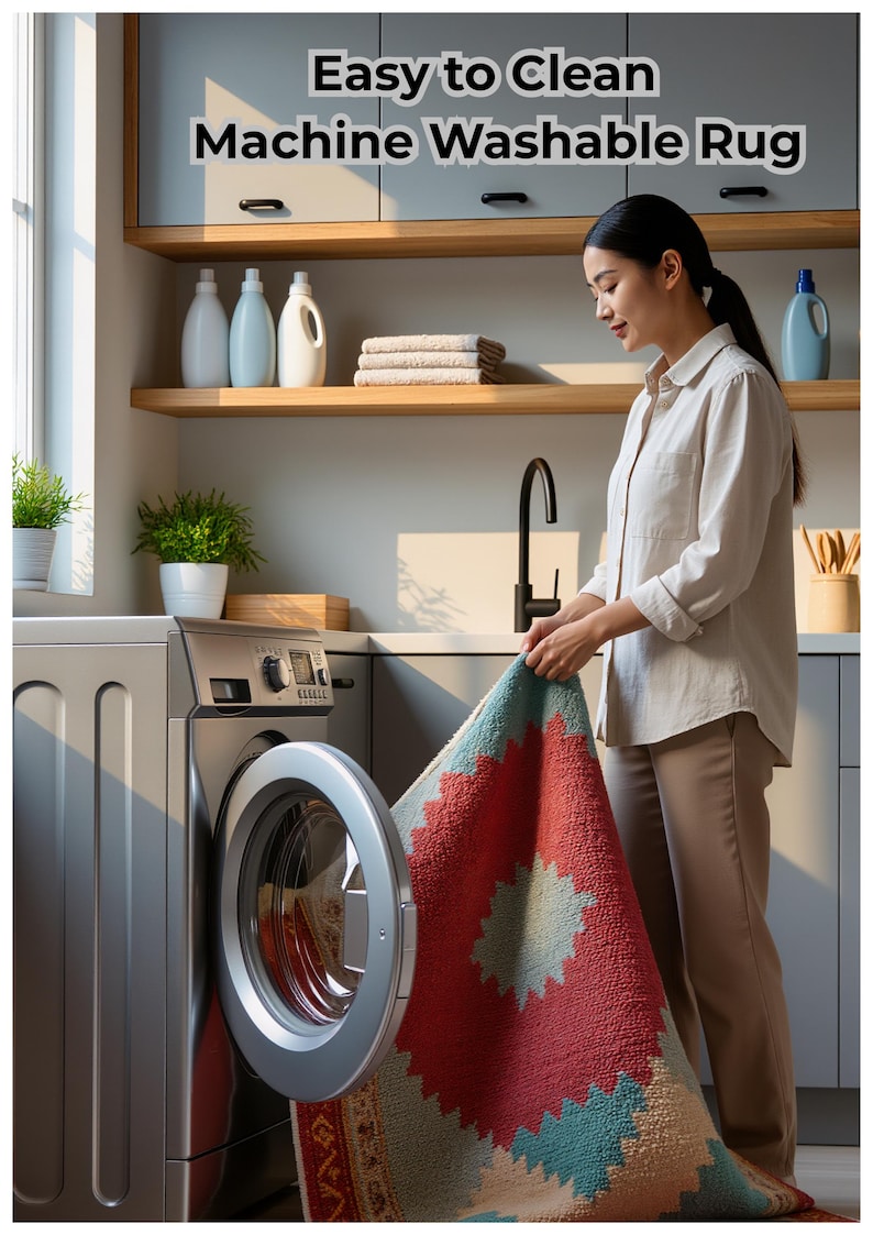 May include: A woman placing a colorful rug into a washing machine. The rug features a geometric pattern in red, teal, and beige. Text above reads "Easy to Clean Machine Washable Rug". The laundry room has light-colored cabinets and shelves.