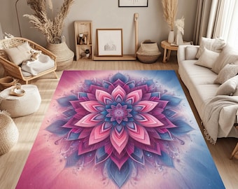 Pink Floral Mandala Area Rug, Spiritual Meditation Carpet